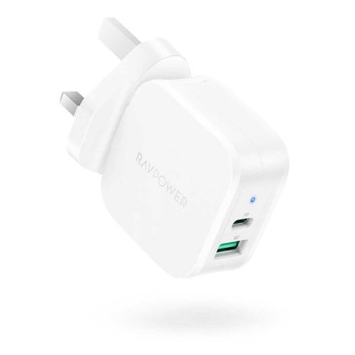 فيش شاحن جداري راف باور منفذ بي دي 20 واط ومنفذ كوالكوم 3.0 - ابيض