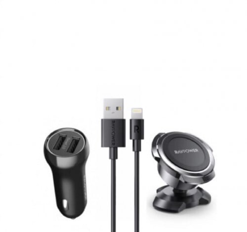 شاحن لسيارة منفذين  معا وصله شاحن راف بور  وقاعدة تثبيت جوال بالسيارة مغناطيس