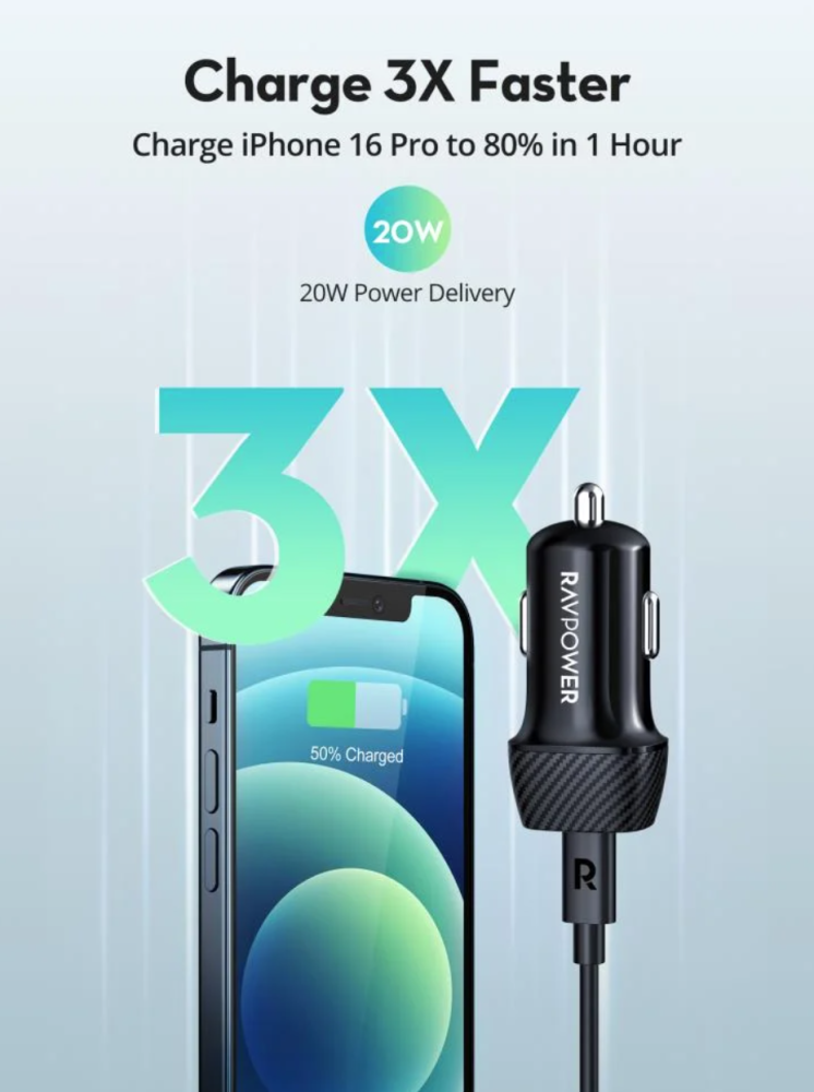 بكج راف باور بطارية 20000 بقوة 20 واط + شاحن سيارة مع منفذ تايب سي + سلك تايب سي