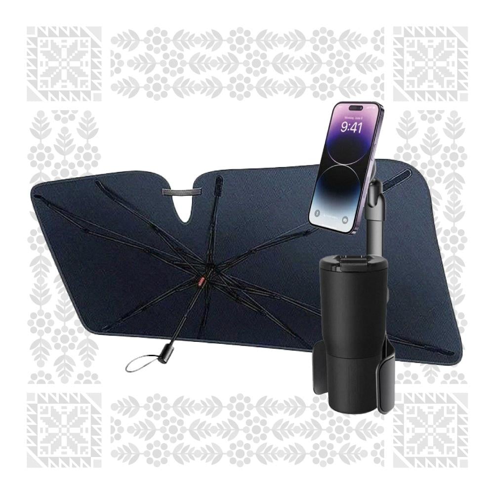 بكج السيارة قاعدة دريب لتثبيت الجوال + مظلة بيسوس كول رايد للحماية الشمسية للزجاج الأمامي – أسود