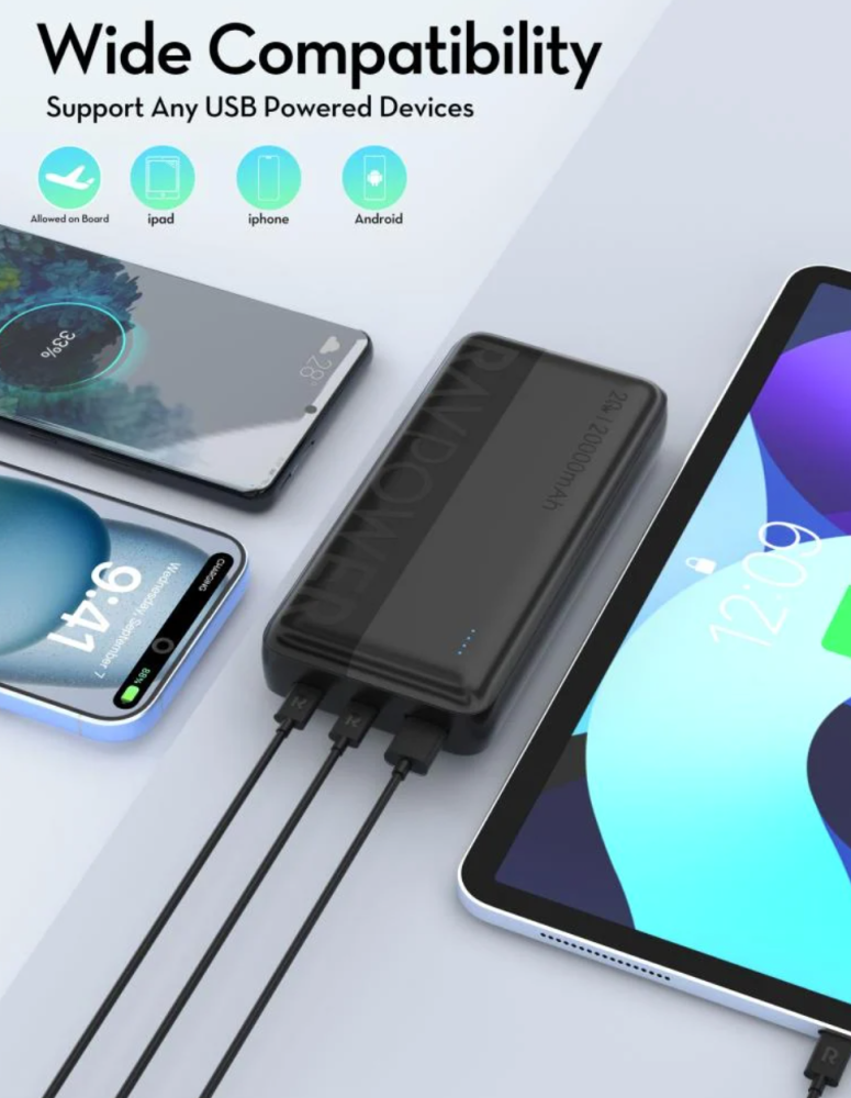 بكج راف باور بطارية 20000 بقوة 20 واط + شاحن سيارة مع منفذ تايب سي + سلك تايب سي