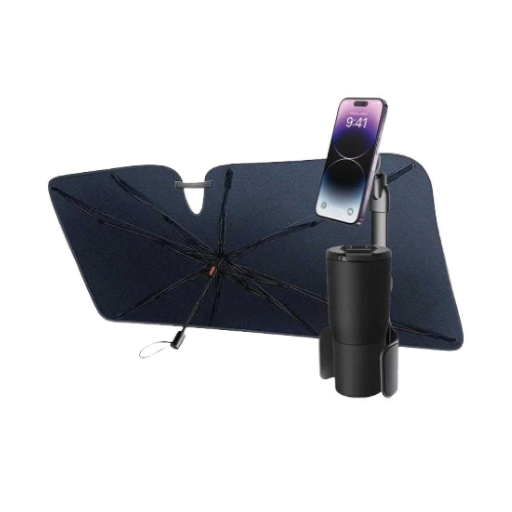بكج السيارة قاعدة دريب لتثبيت الجوال + مظلة بيسوس كول رايد للحماية الشمسية للزجاج الأمامي – أسود