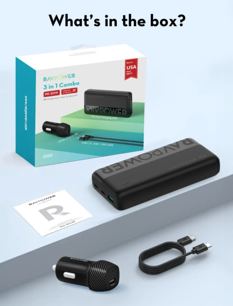بكج راف باور بطارية 20000 بقوة 20 واط + شاحن سيارة مع منفذ تايب سي + سلك تايب سي