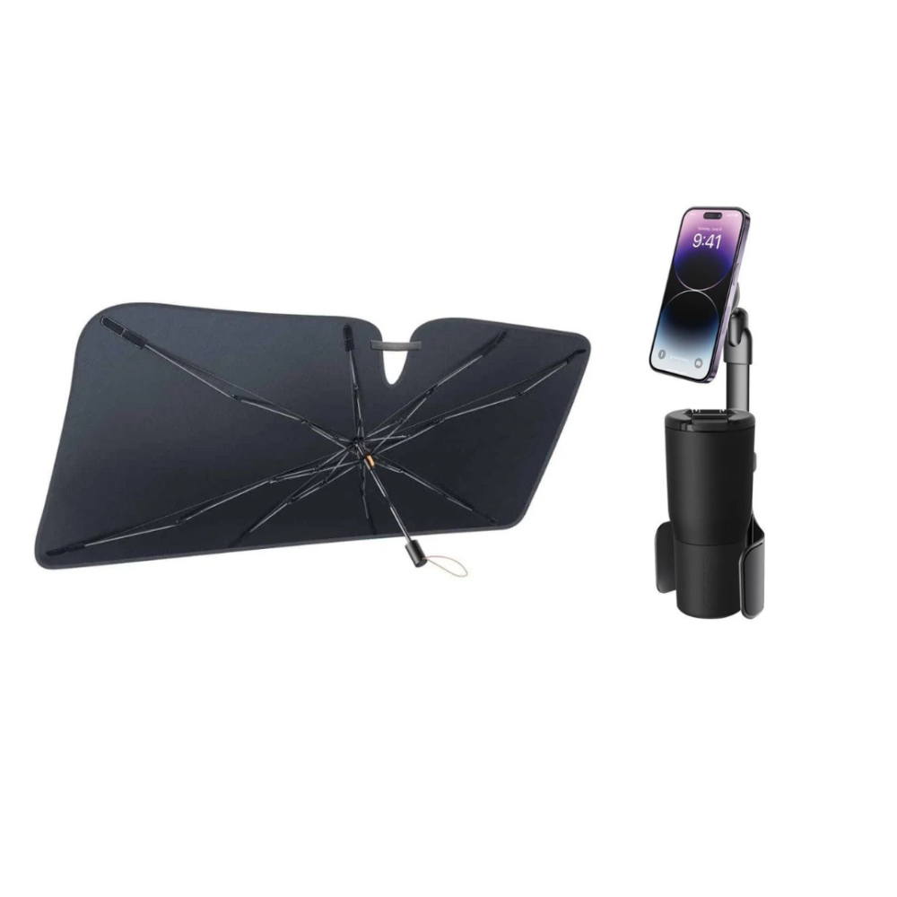 بكج السيارة قاعدة دريب لتثبيت الجوال + مظلة بيسوس كول رايد للحماية الشمسية للزجاج الأمامي – أسود