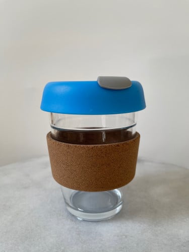 كوب قهوه 12oz مسكه خشب غطاء ازرق