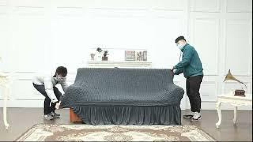 تلبيسة كنب زاوية سادة قابلة للتمدد بنمط بارز وتفاصيل كشكش