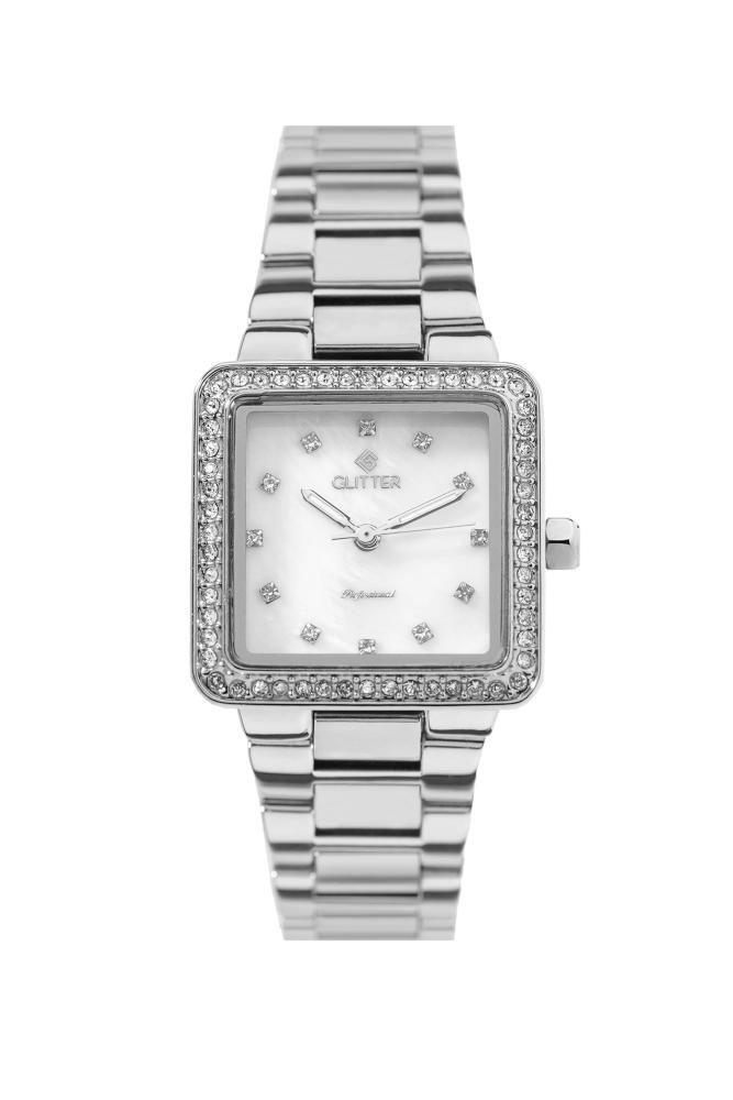 ساعة نسائي مربع فصوص لون الفضي مينا فضي استالس استيل