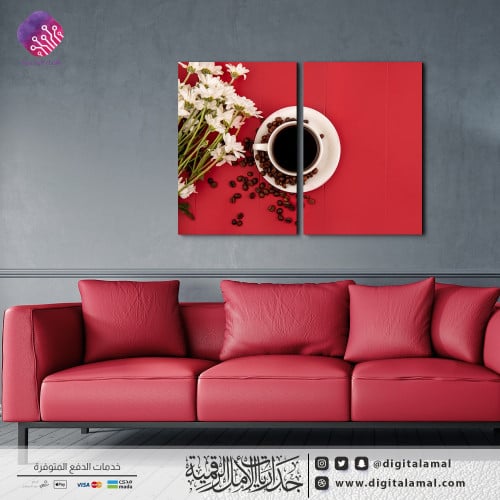 لوحات جدارية متعددة لكوب قهوة مع حبات البن ومجموعة من الزهور