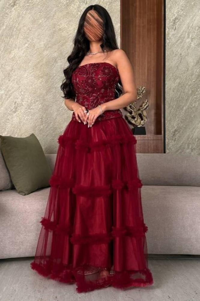 فستان سهره توب بطبقات كشكشة لون برغندي