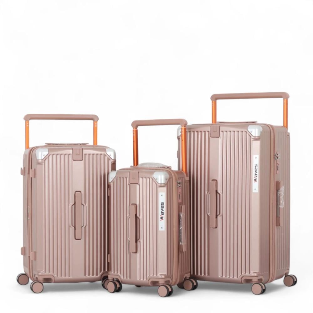 طقم حقائب سفر صلب مكون من 3 قطع بكفرات دبل وحامل كوب  وقفل رقمي ثابت ضد السرقه بالاضافه الى توسعه اضافية