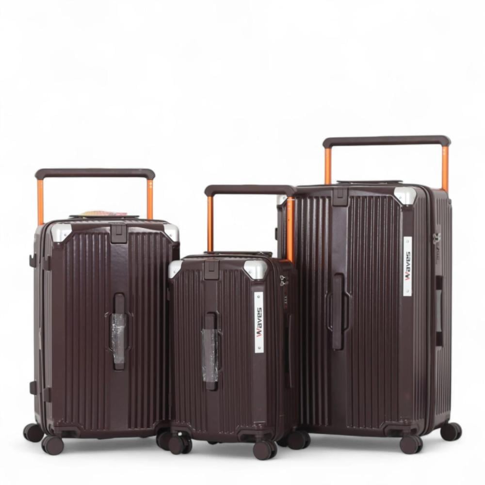 طقم حقائب سفر صلب مكون من 3 قطع بكفرات دبل وحامل كوب  وقفل رقمي ثابت ضد السرقه بالاضافه الى توسعه اضافية