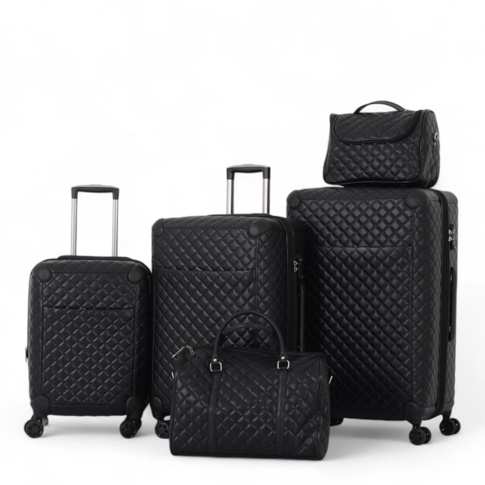 طقم شنط سفر أنيق وعصري - مكون من 5 قطع ويشمل 3 شنط ترولي وحقيبتين يد - مصنوع من البولي بروبلين مغطى بالجلد عالي الجودة  - مصمم لتلبية احتياجاتك في السفر بكل راحة وأناقة