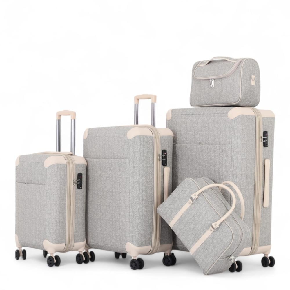 طقم شنط سفر أنيق وعصري - مكون من 5 قطع ويشمل 3 شنط ترولي وحقيبتين يد - مصنوع من البولي بروبلين مغطى بالجلد عالي الجودة - مصمم لتلبية احتياجاتك في السفر بكل راحة وأناقة