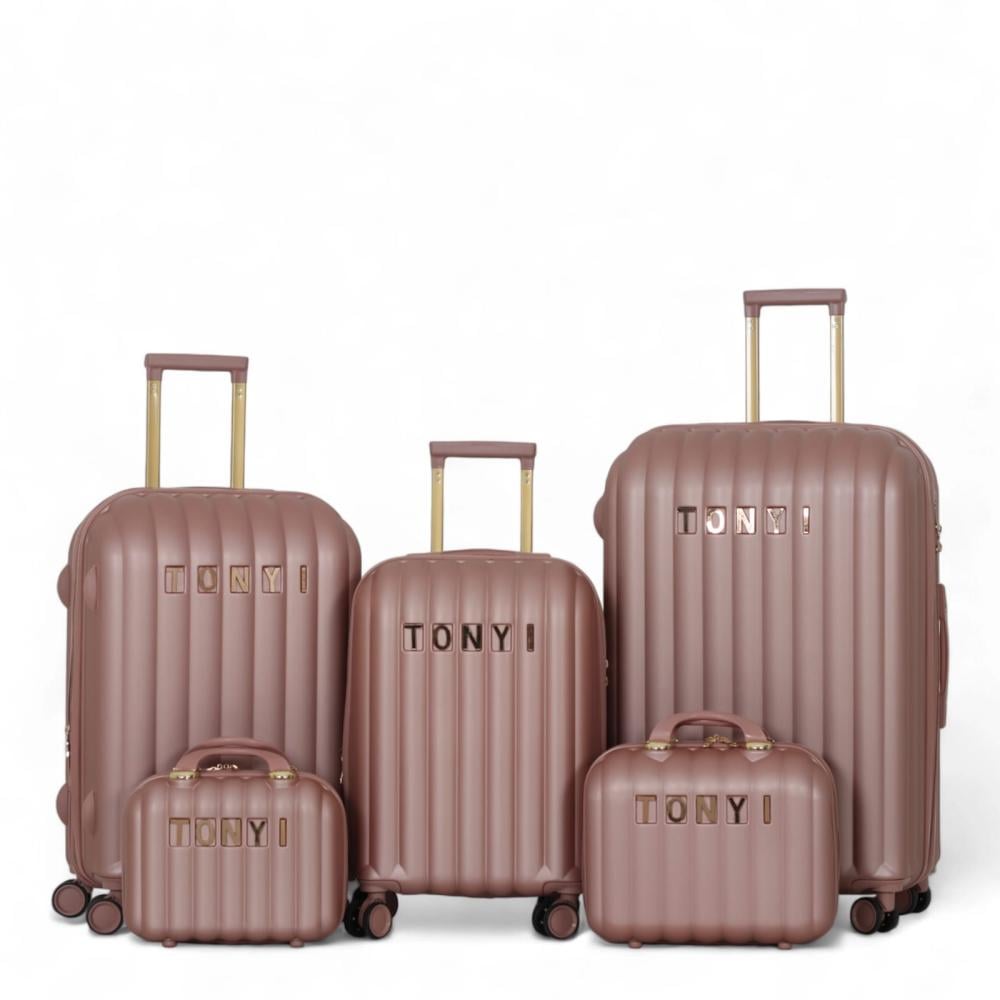 طقم شنط سفر دبش عروسة - مكون من 5 قطع يشمل 3 شنط تروللي وشنطتين للمكياج -بكفرات دبل -وسحاب توسعه- من ماركة TONYI