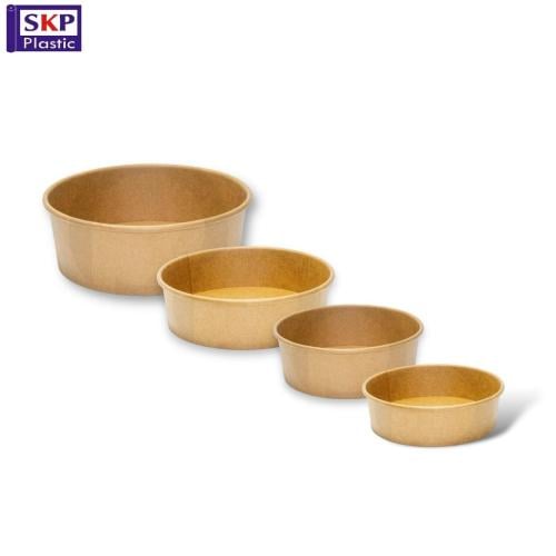 علب ورقية دائرية لون بني للسلطة مع غطاء مقاسات متعددة