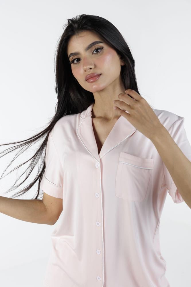 طقم بيجاما بأكمام قصيرة من البامبو الطبيعي-وردي بلوسم