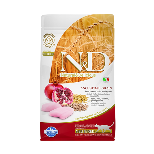 دراي فود فارمينا N & D للقطط المعقمة بالدجاج والرمان والشوفان 1.5 كيلو