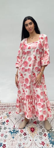 فستان /ثوب / وبر قطن ابيض و زهريPink and white dre...