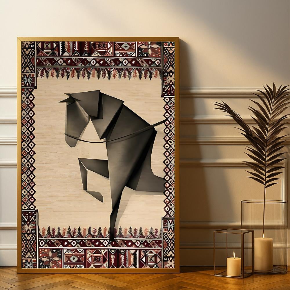 لوحة قماشية بتصميم الفن التجريدي بتصميم حصان مع برواز مجوف -
