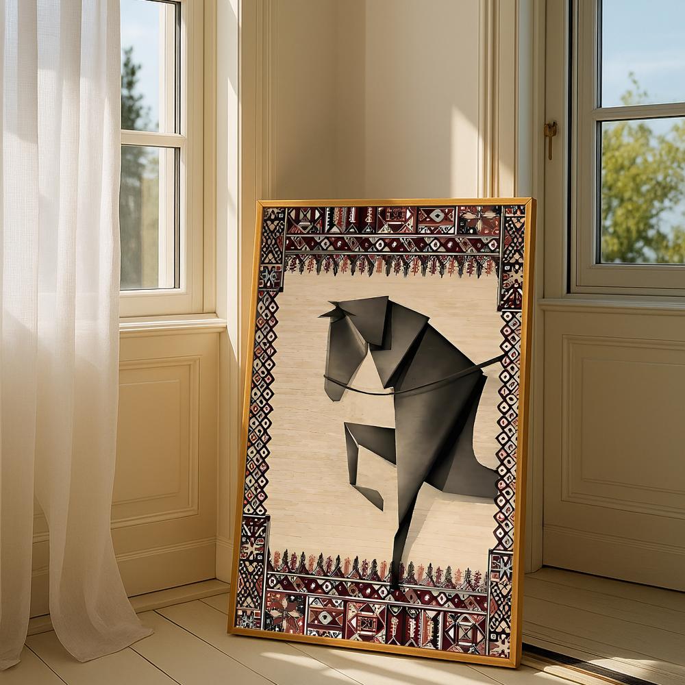 لوحة قماشية بتصميم الفن التجريدي بتصميم حصان مع برواز مجوف -