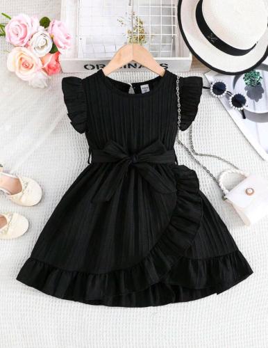 فستان بناتي أسود - نصف كم - مع طبقة مائلة