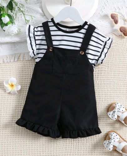 طقم قطعتين بناتي بلوزة مخططة و رومبر أسود