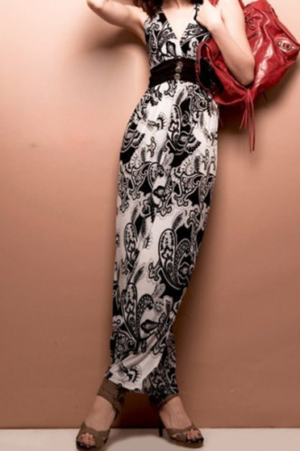 فستان نسائي طويل بوليستر أبيض وأسود