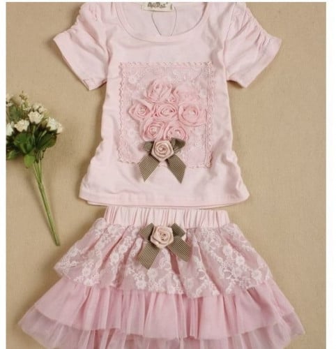 طقم بلوزة وتنورة - وردي