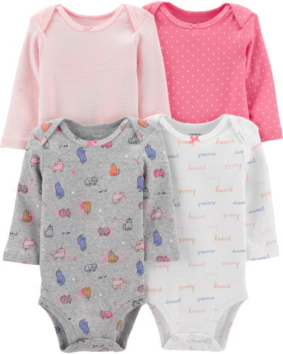 طقم 4 قطع بربتوز بناتي ماركة كارترز - كم طويل - وردي وأبيض ورمادي