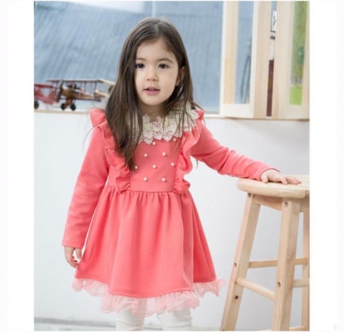 فستان بناتي شتوي وردي مع دانتيل