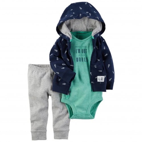 طقم 3 قطع ولادي ماركة كارترز - جاكيت كحلي وبربتوز أخضر