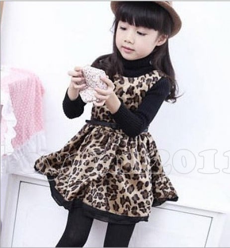 فستان بناتي شتوي مخمل بني مرقط