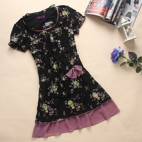 فستان نسائي قصير شيفون أسود وبنفسجي