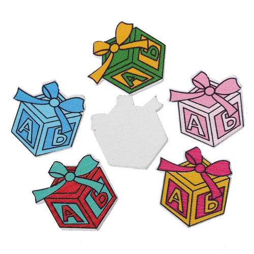 أزرار خشب شكل هدية - 50 حبة - ملون