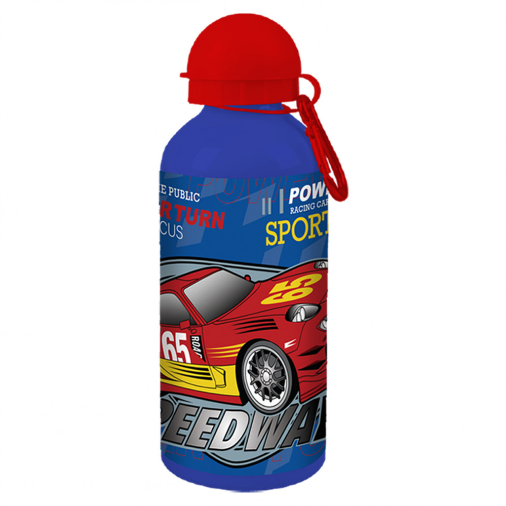 زمزمية الومنيوم للأطفال 600 مل مع مشبك تعليق ، مثالية للمدرسة والرياضة والسفر، رسومات سيارة رياضية ، هدية مثالية للبنات والأولاد