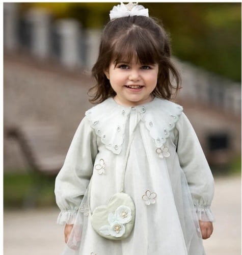 فستان طفلة أنيق مطرز بالورود الذهبية مع شنطة