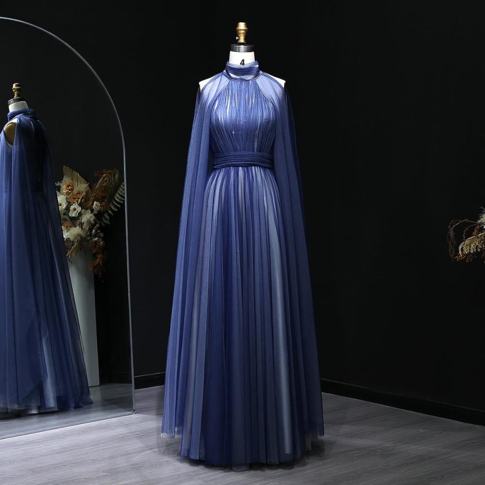 فستان سهرة ناعم تل كلوش عالي الرقبة بأكمام