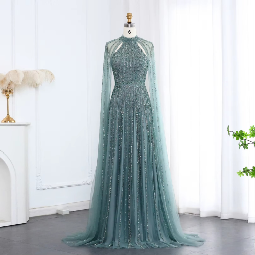 فستان سهرة فاخر بأكمام كيب عالي الرقبة