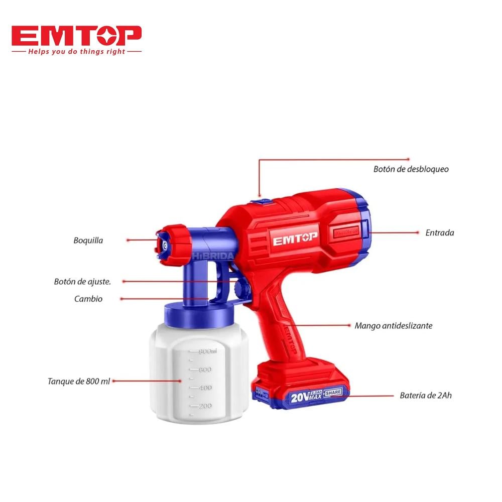 مسدس رش دهانات لاسلكي EMTOP – 20V | خزان 800 مل | بطارية قابلة للشحن | فوهات متعددة للدهانات والورنيش لنتائج طلاء احترافية