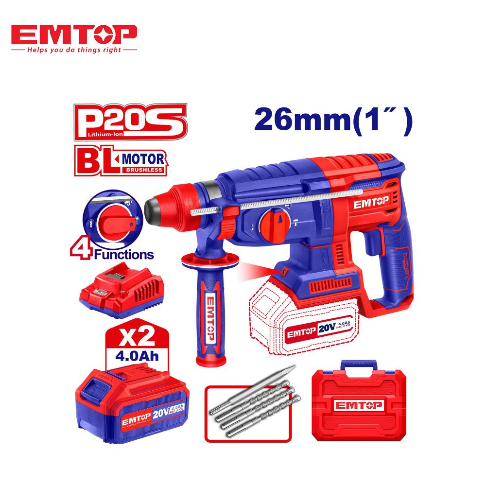 دريل مطرقي لاسلكي 20V بمحرك Brushless من EMTOP – أداء احترافي وحفر فائق في الخرسانة والخشب والمعادن