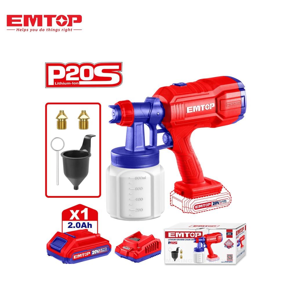 مسدس رش دهانات لاسلكي EMTOP – 20V | خزان 800 مل | بطارية قابلة للشحن | فوهات متعددة للدهانات والورنيش لنتائج طلاء احترافية