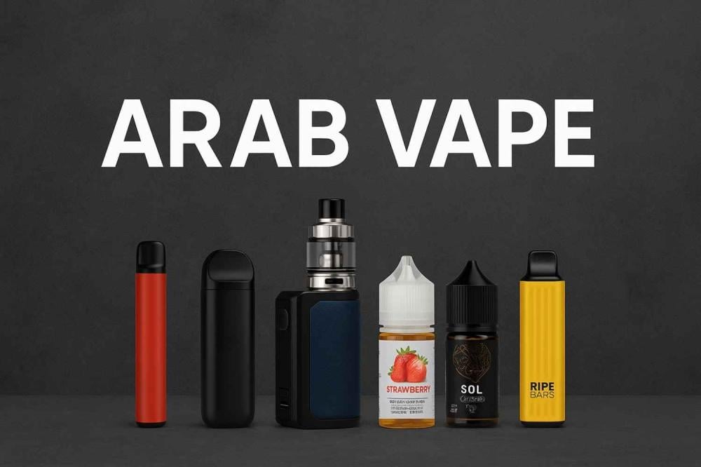صورة ترويجية لمنتجات عرب فيب Arab Vape الأصلية تشمل أجهزة فيب وسوائل إ