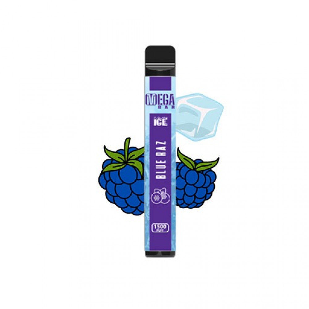 عمر بطارية طويل سحبة جاهزة ميجا بار توت ازرق بارد 1500 موشة Mega Bar Blue Razz Ice 1500 Puffs