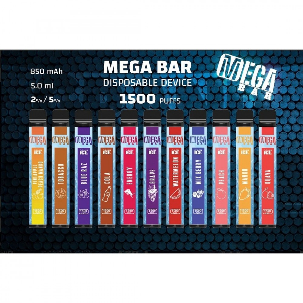 تصميم مريح في اليد سحبة جاهزة ميجا بار توت ازرق بارد 1500 موشة Mega Bar Blue Razz Ice 1500 Puffs