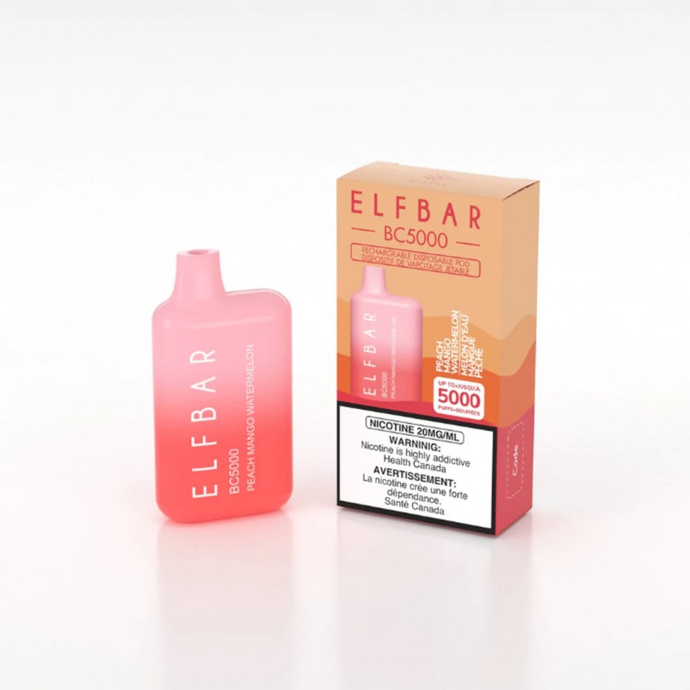 عمر بطارية طويل سحبة الف بار 5000 موشة خوخ مانجو بطيخ Elf Bar BC 5000 puff Disposable Peach Mango Watermelon