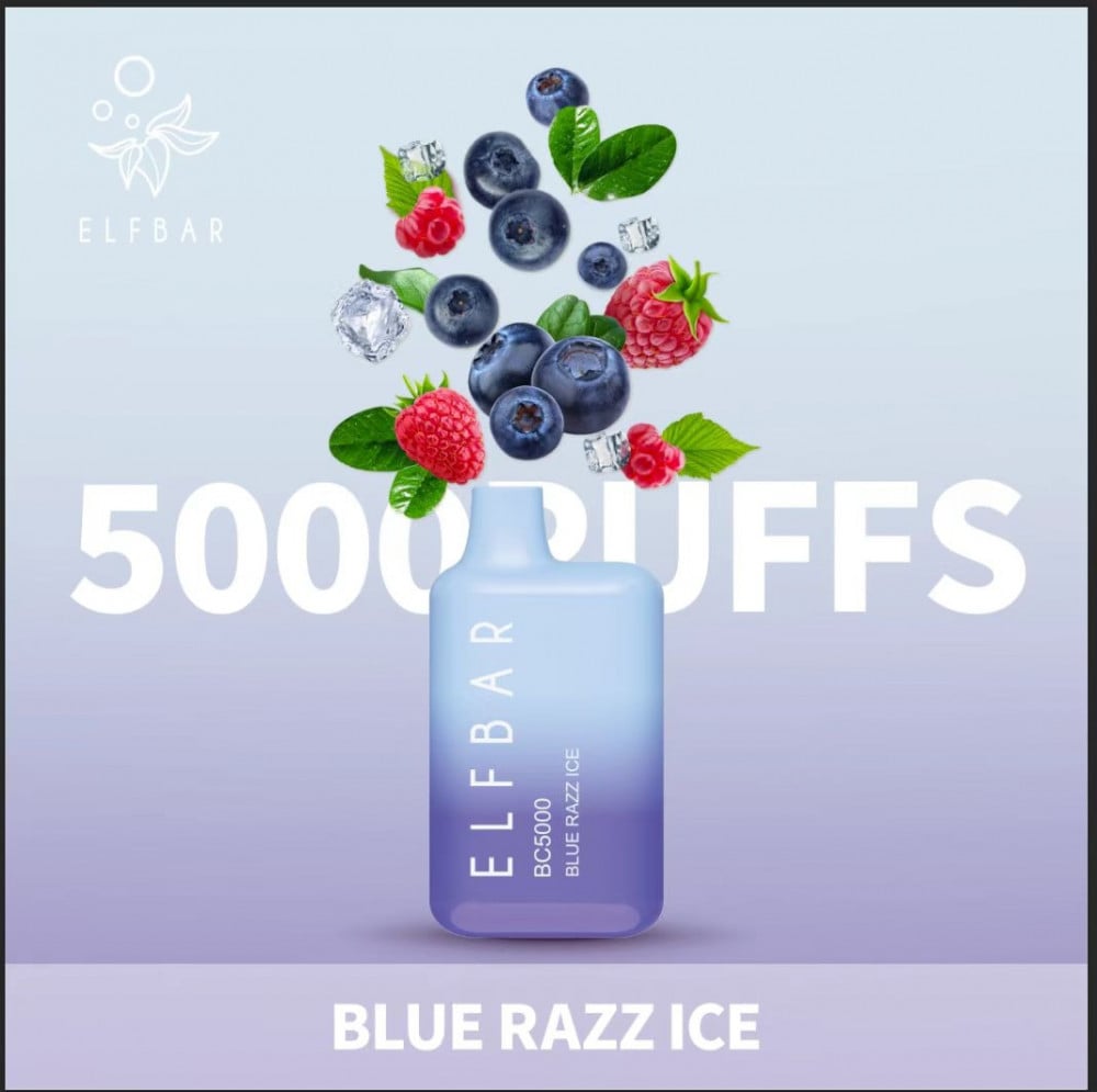 تصميم مريح في اليد سحبة الف بار 5000 موشة بلو راز ايس توت Elf Bar BC 5000 puff Disposable Blue Razz ICE