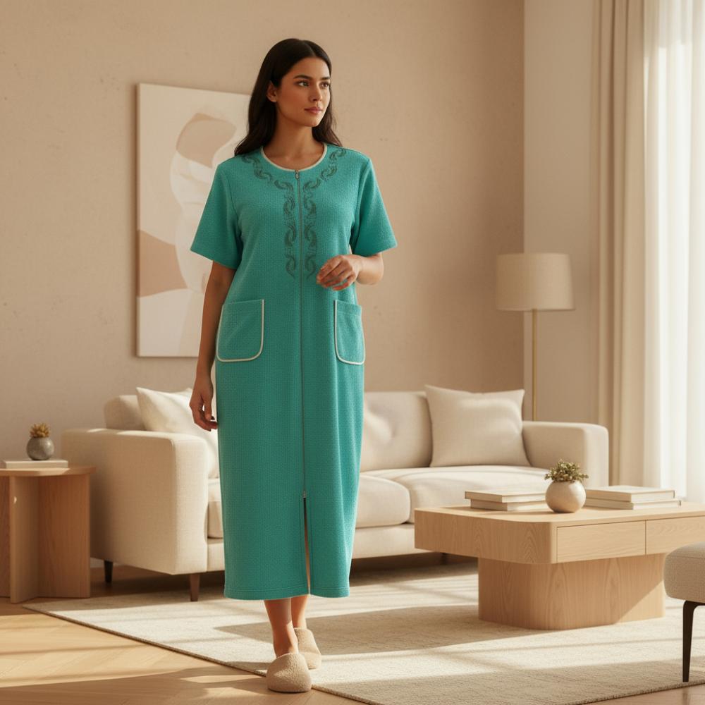 Women’s Zipper Cotton Bathrobe Aqua - premium cotton
