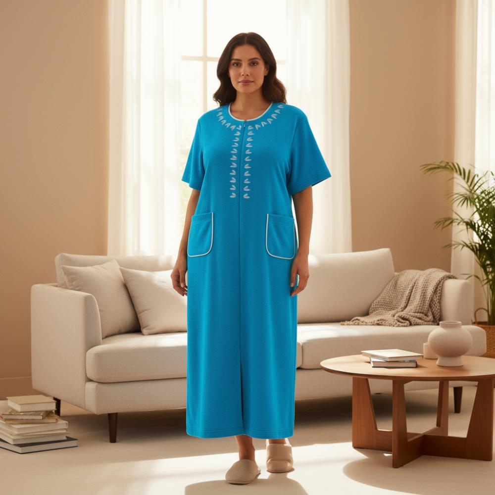 Women’s Zipper Cotton Bathrobe Turquoise - premium cotton