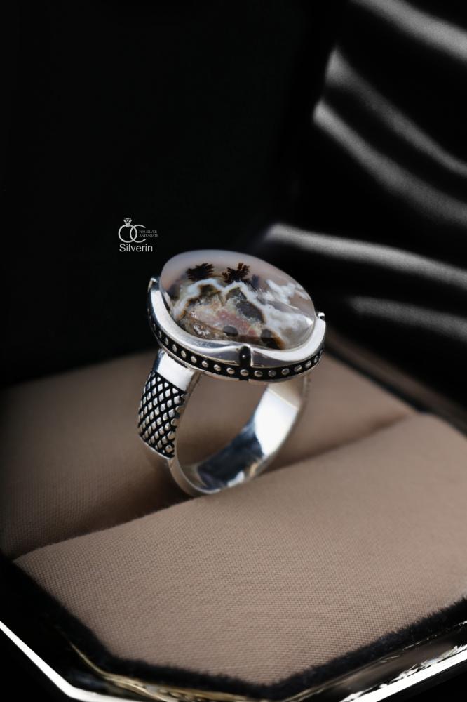 خاتم ماركة فضة 925 مرصع عقيق يماني مصور