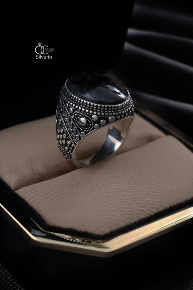 خاتم ماركة فضة 925 مرصع عقيق يماني اسود